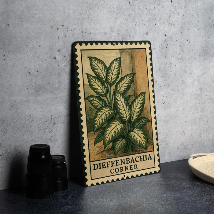 a metal sign with a plant illustration, placed on a table next to some black camera lenses.