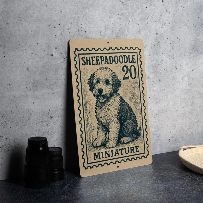 A sign featuring a dog illustration and the text "Sheepadoodle 20 MINIATURE" is displayed on a table.
