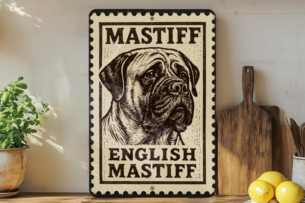 A framed sign with the text "MASTIFF ENGLISH MASTIFF" is displayed on a shelf, accompanied by a potted plant and a wooden cutting board.