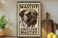 A framed sign with the text "MASTIFF ENGLISH MASTIFF" is displayed on a shelf, accompanied by a potted plant and a wooden cutting board.