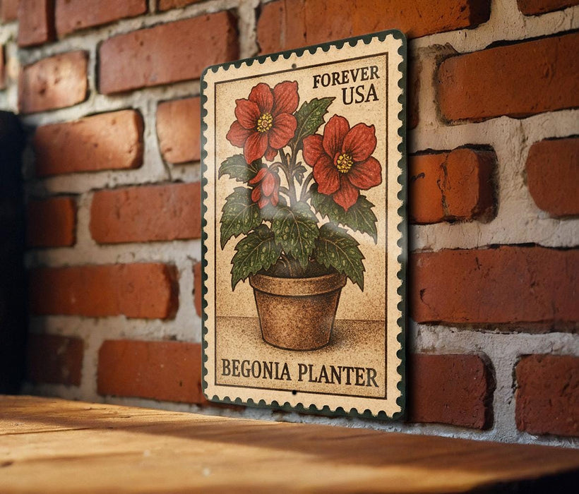 A poster of a begonia plant is displayed on a brick wall, with a wooden table below it.