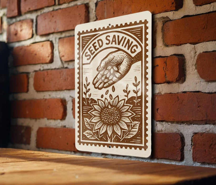 a sign with a hand holding a flower and the text "SEED SAVING" on it, mounted on a brick wall.