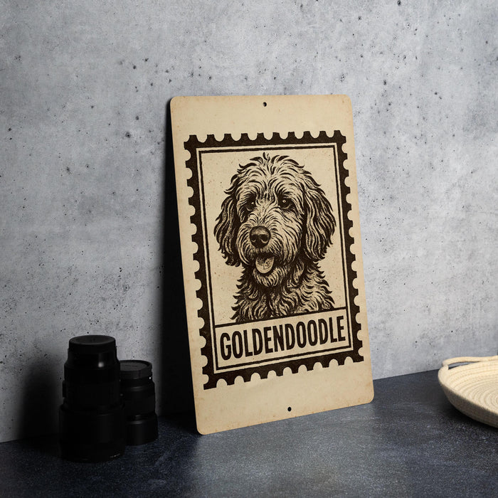 A wooden sign featuring a black and white illustration of a golden retriever dog, with the word "GOLDENDoodle" written below it.