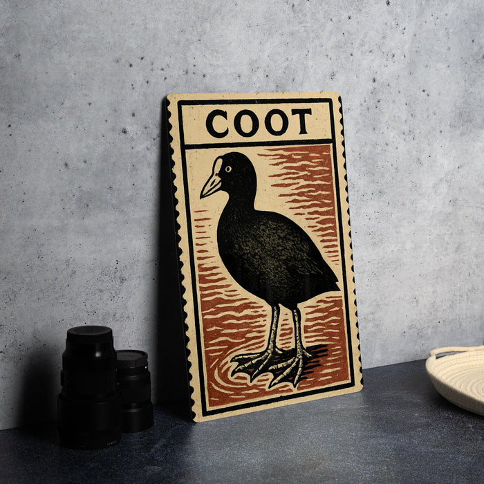 a wooden sign with a black and brown illustration of a bird, specifically a coot, standing on a wooden surface.