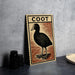 a wooden sign with a black and brown illustration of a bird, specifically a coot, standing on a wooden surface.