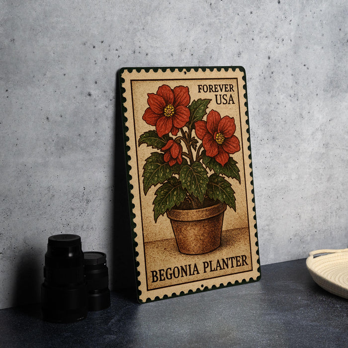 A metal sign with a floral design, featuring a potted plant with red flowers, is displayed on a table.
