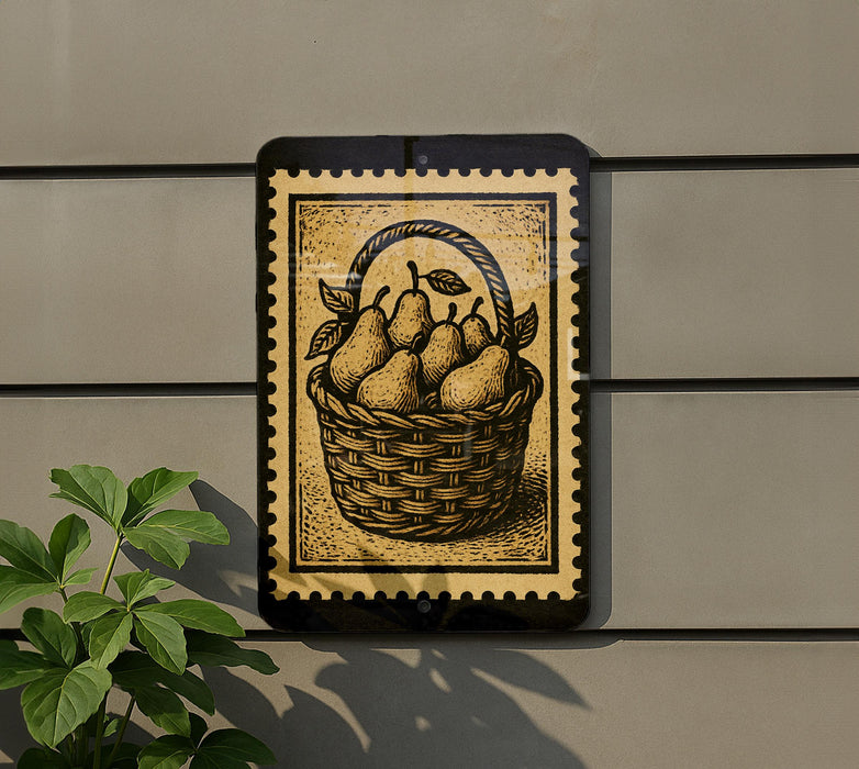 a decorative sign with a basket of pears on it, mounted on a wall.