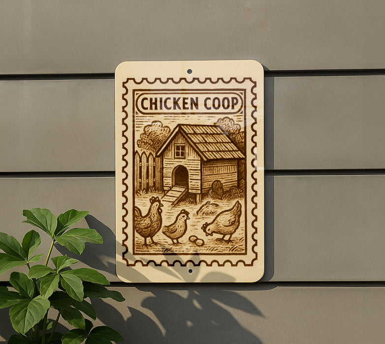 a sign with a picture of a chicken coop and chickens, mounted on a wall next to a plant.