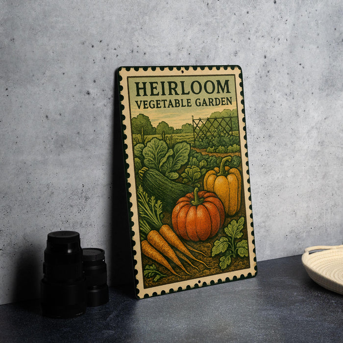 A vintage-style metal sign with a colorful illustration of a vegetable garden, placed on a gray countertop next to some black containers.