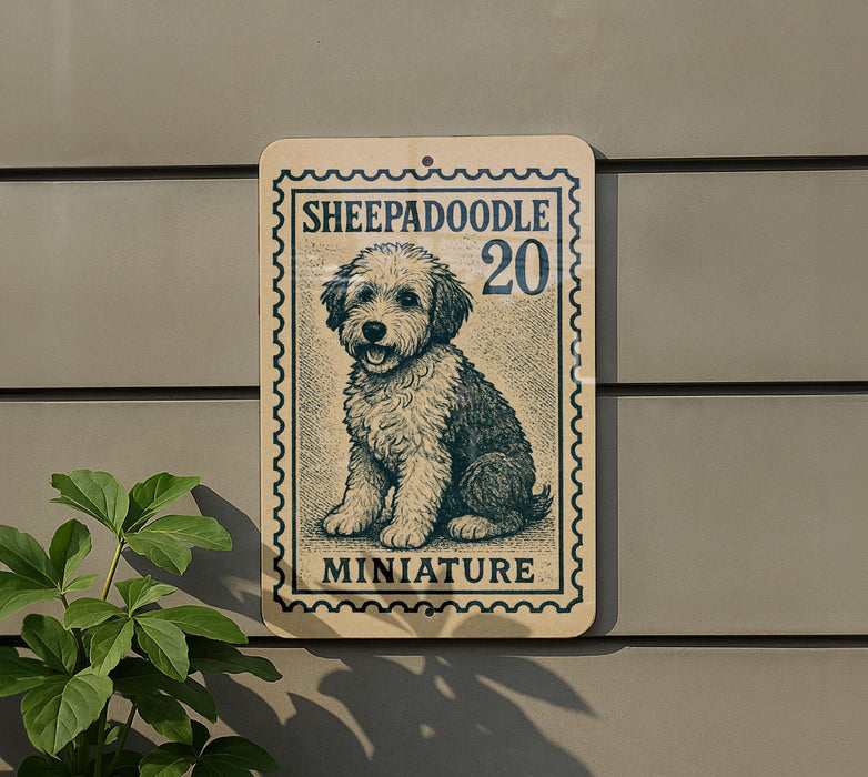 A sign featuring a dog illustration and the text "SHEPADOLE 20 MINIATURE" is displayed on a wall.
