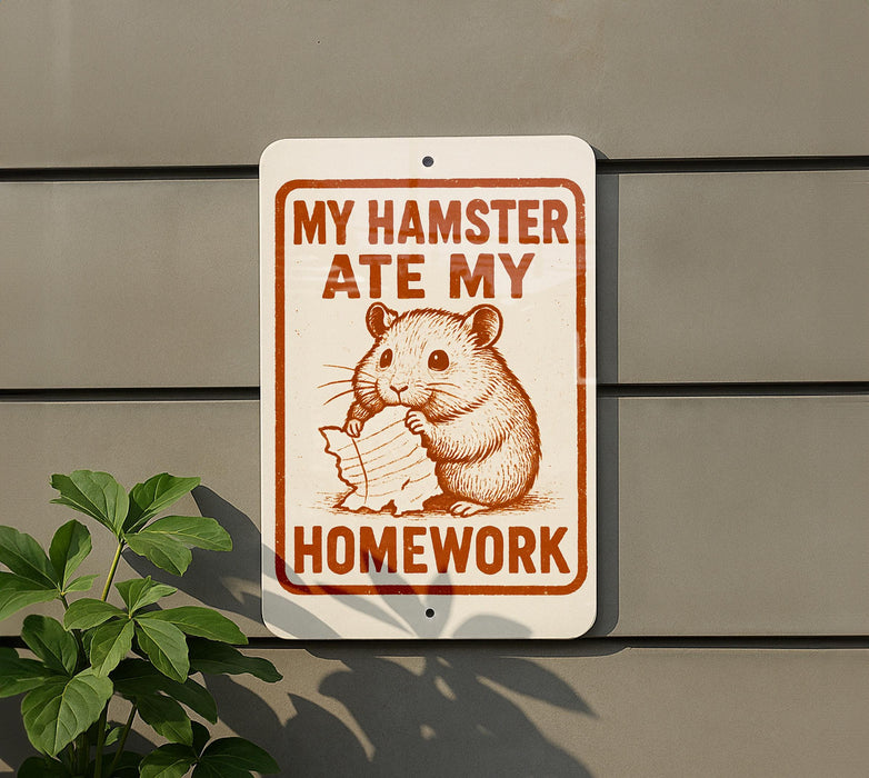 a sign with a humorous message about a hamster eating homework, accompanied by a plant in the background.