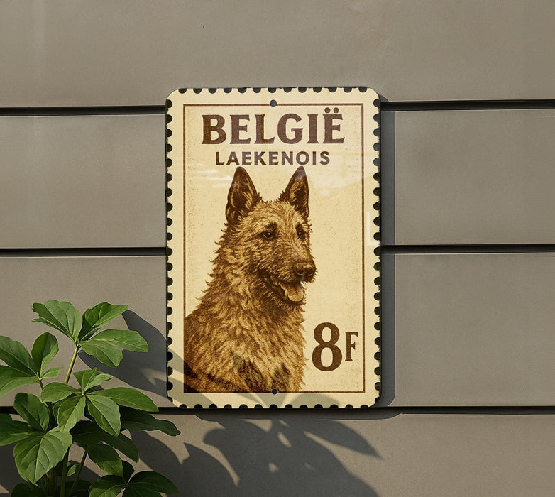 A postage stamp featuring a dog, likely a Belgian Laekenois, mounted on a wall.