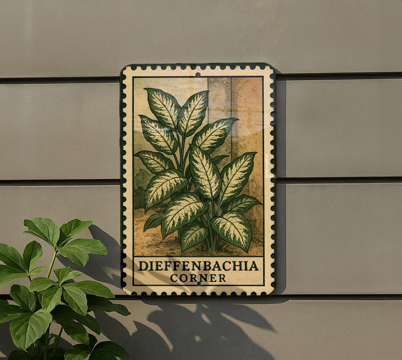 a decorative sign with a plant illustration on it, mounted on a wall.