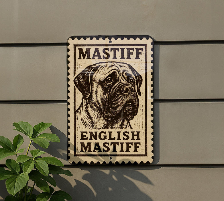 A metal sign with a dog's head and the text "MASTIFF ENGLISH MASTIFF" is mounted on a wall.