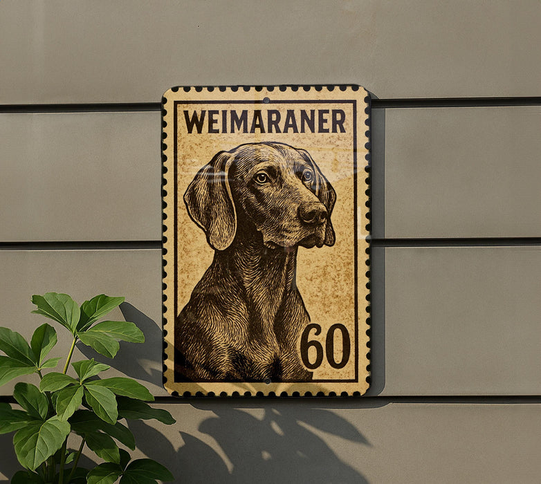 A weimaraner dog is depicted on a postage stamp-like sign, mounted on a wall.