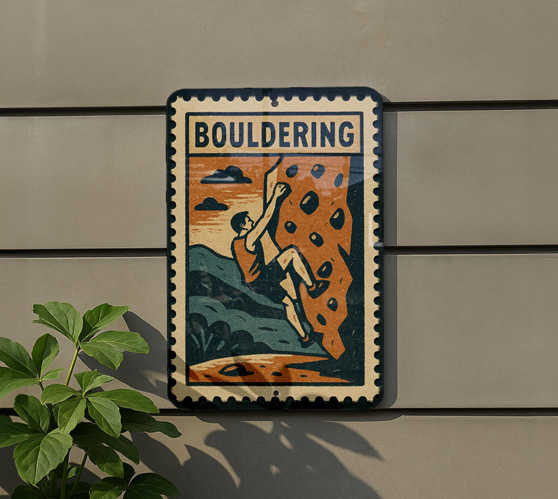 a sign with a man climbing a rock wall, which is mounted on a wall.