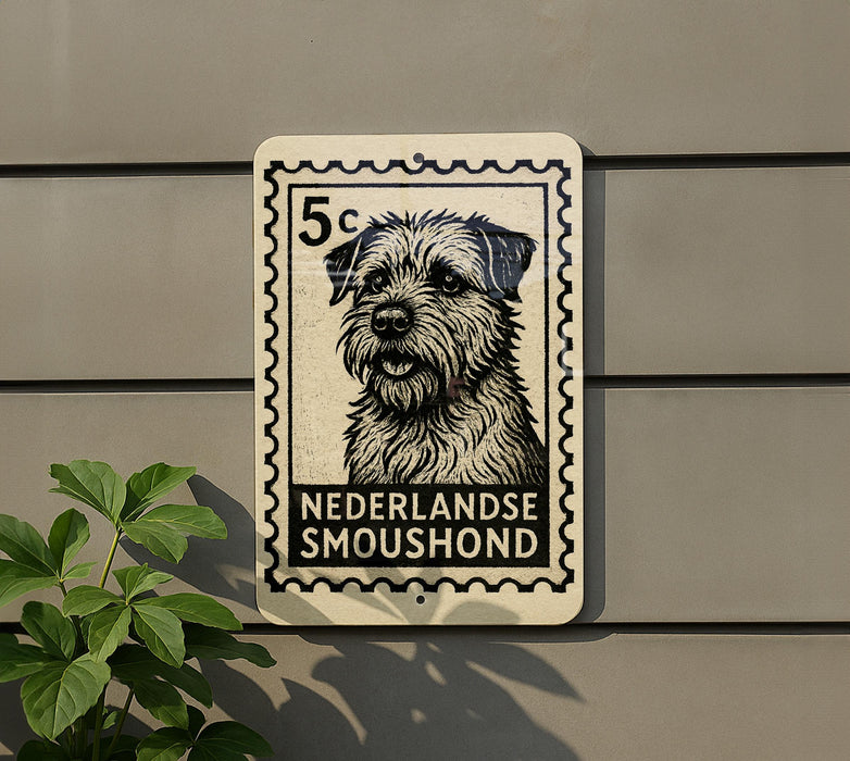A black and white dog image on a postage stamp-like sign, mounted on a wall.