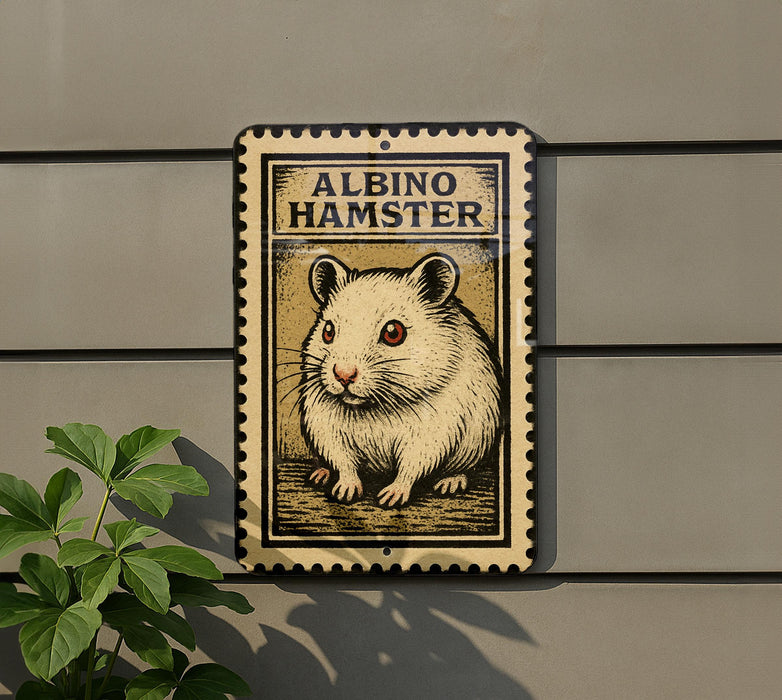 a metal sign with a hamster illustration on it, mounted on a wall.
