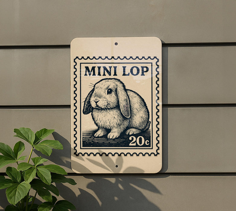a sign with a rabbit illustration and the text "MINI LOP" and "20c" printed on it.