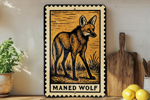 a framed illustration of a maned wolf, which is a type of wolf, displayed on a shelf next to a wooden cutting board and some lemons.