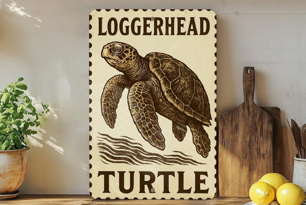 A wooden sign with a turtle illustration and the word "Loggerhead" written on it, placed on a wooden surface next to a potted plant and a cutting board.