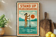 A vintage-style metal sign with a woman paddleboarding on a blue surfboard, surrounded by kitchen utensils and a potted plant.