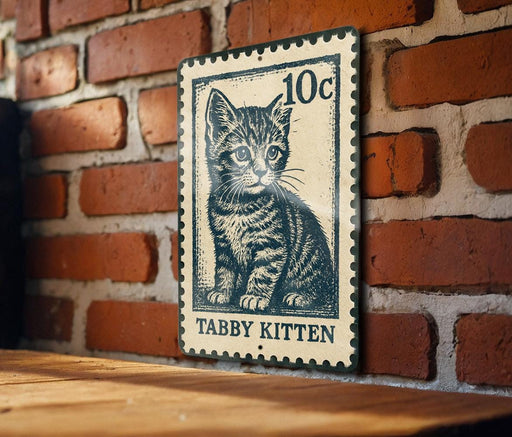 A metal sign featuring a cat illustration is mounted on a brick wall.