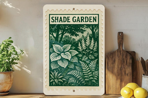 A framed image of a lush green garden with white flowers, placed on a shelf next to a wooden cutting board and a potted plant.