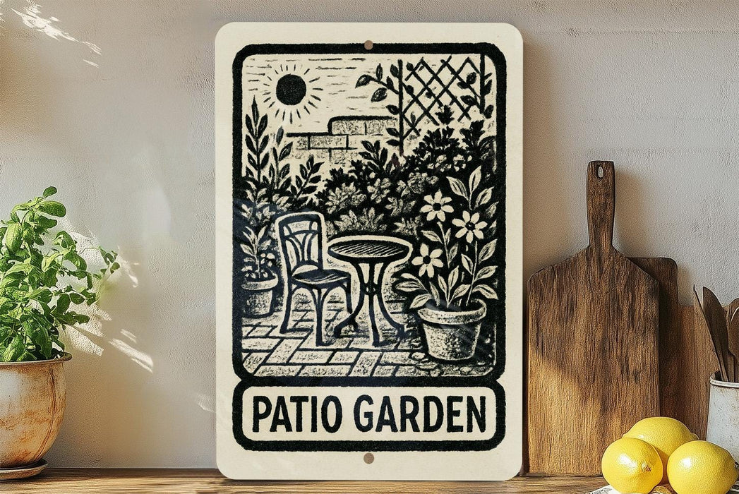 A sign that reads "PATIO GARDEN" is displayed on a wall, surrounded by various kitchen utensils and potted plants.