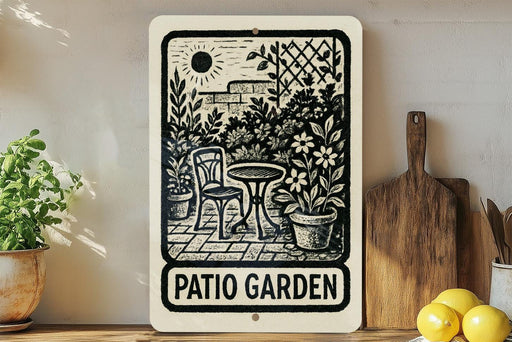 A sign that reads "PATIO GARDEN" is displayed on a wall, surrounded by various kitchen utensils and potted plants.