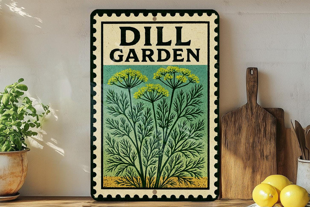 A vintage-style metal sign with the text "DILL GARDEN" displayed prominently, featuring a colorful illustration of dill plants. The sign is placed on a wooden shelf, with a potted plant to the left and a wooden cutting board to the right.