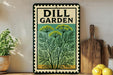 A vintage-style metal sign with the text "DILL GARDEN" displayed prominently, featuring a colorful illustration of dill plants. The sign is placed on a wooden shelf, with a potted plant to the left and a wooden cutting board to the right.