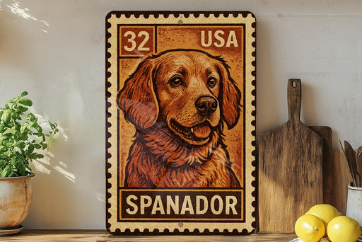 A metal stamp featuring a dog's face, with the text "32 USA SPANADOR" printed on it.