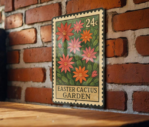 A metal sign with a floral design hangs on a brick wall, displaying the text "EASTER CACTUS GARDEN" and a denomination of 24 cents.