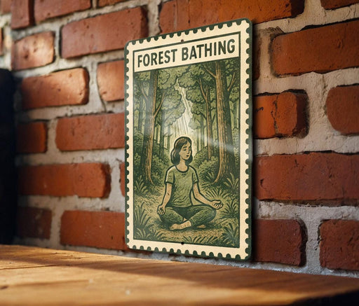 a framed illustration of a woman sitting in a meditative pose in a forest setting, with a brick wall in the background.