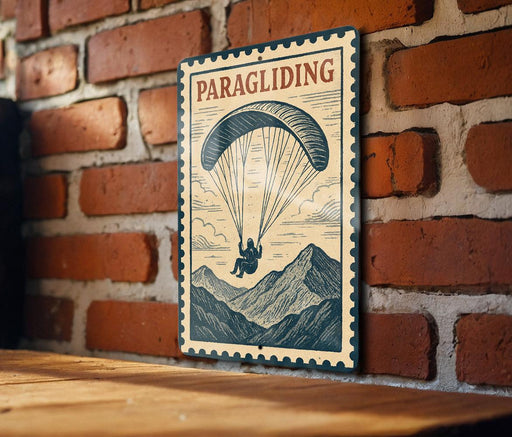 A vintage-style poster of a person paragliding is displayed on a brick wall, with a wooden table below it.