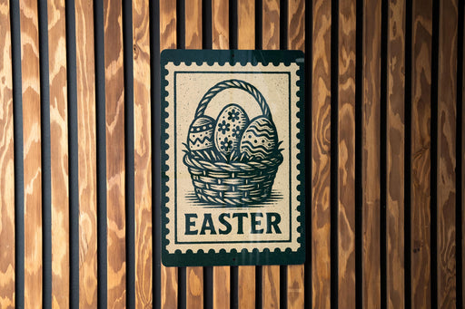A sign with the word "EASTER" on it, featuring a basket of Easter eggs, is displayed on a wooden wall.