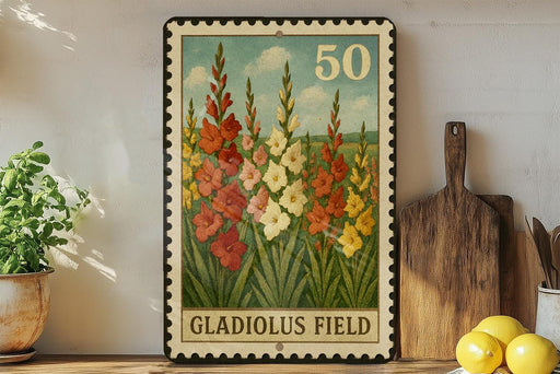 A framed stamp depicting a field of colorful flowers, with the text "GLADIOLUS FIELD" printed on it. The stamp is placed on a shelf next to a wooden cutting board and a potted plant.