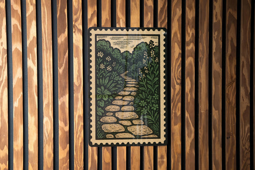 a framed illustration of a stone path winding through a lush, green landscape.
