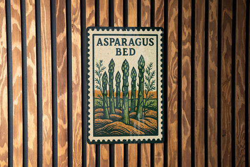 a sign with the text "Asparagus Bed" and an illustration of a field of asparagus stalks.