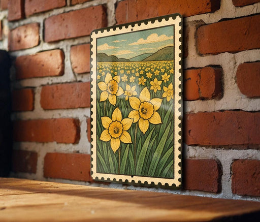A framed illustration of a field of yellow daffodils is displayed on a brick wall.