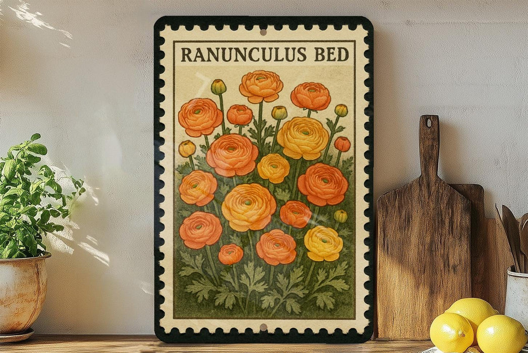 a framed illustration of a flower with orange petals, surrounded by green leaves, placed on a shelf next to a wooden cutting board and a potted plant.