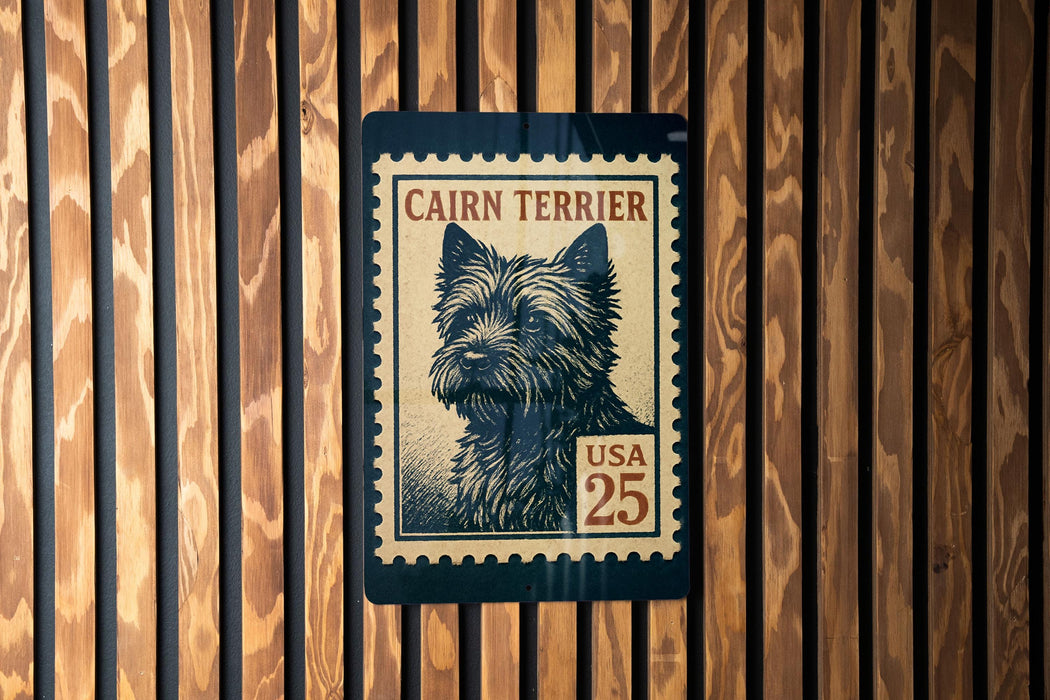 A Cairn Terrier dog stamp is displayed on a wooden wall.