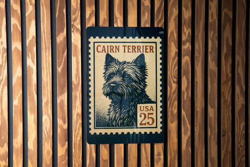 A Cairn Terrier dog stamp is displayed on a wooden wall.