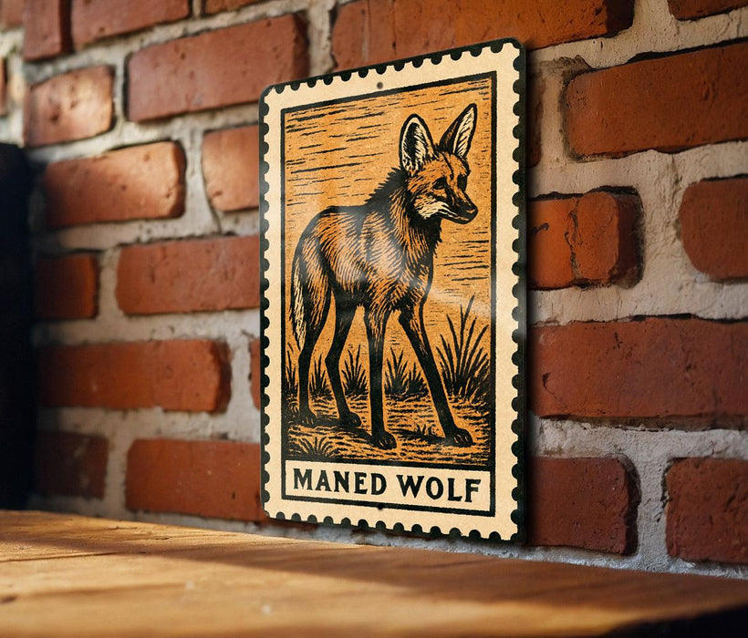 a framed illustration of a maned wolf on a brick wall.
