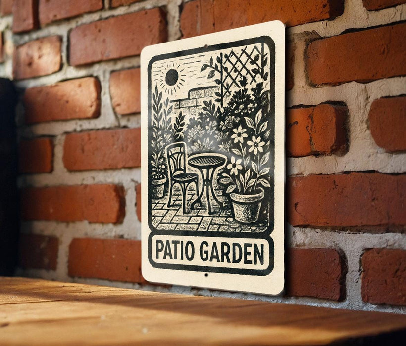 A sign for a patio garden is hanging on a brick wall.
