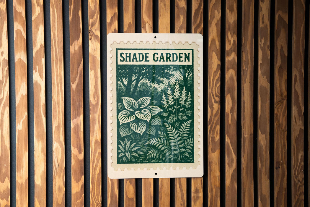 A green and white sign with the text "SHADE GARDEN" is displayed on a wooden wall.