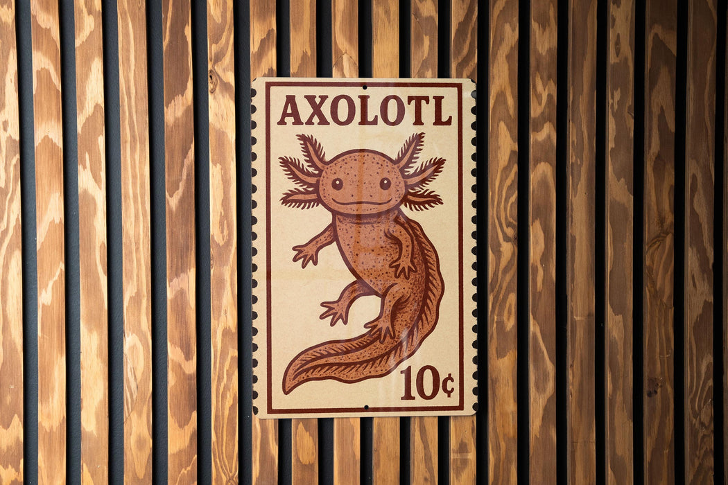 A brown axolotl stamp with the text "AXOLOTL" and the denomination "10¢" is displayed on a wooden wall.