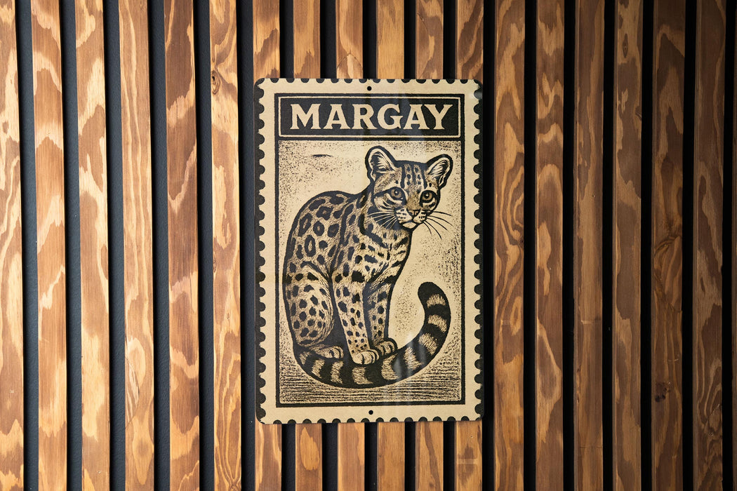 A framed image of a leopard cat, with the word "MARGAY" written above it, is displayed on a wooden wall.