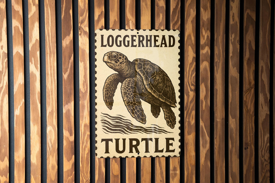 A poster with a turtle illustration and the text "Loggerhead Turtle" is displayed on a wooden wall.